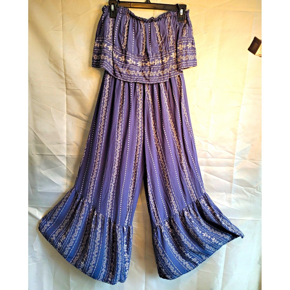 Japna Women's Off Shoulder Smocked Wide-Leg Jumpsuit Blue Floral M Rayon